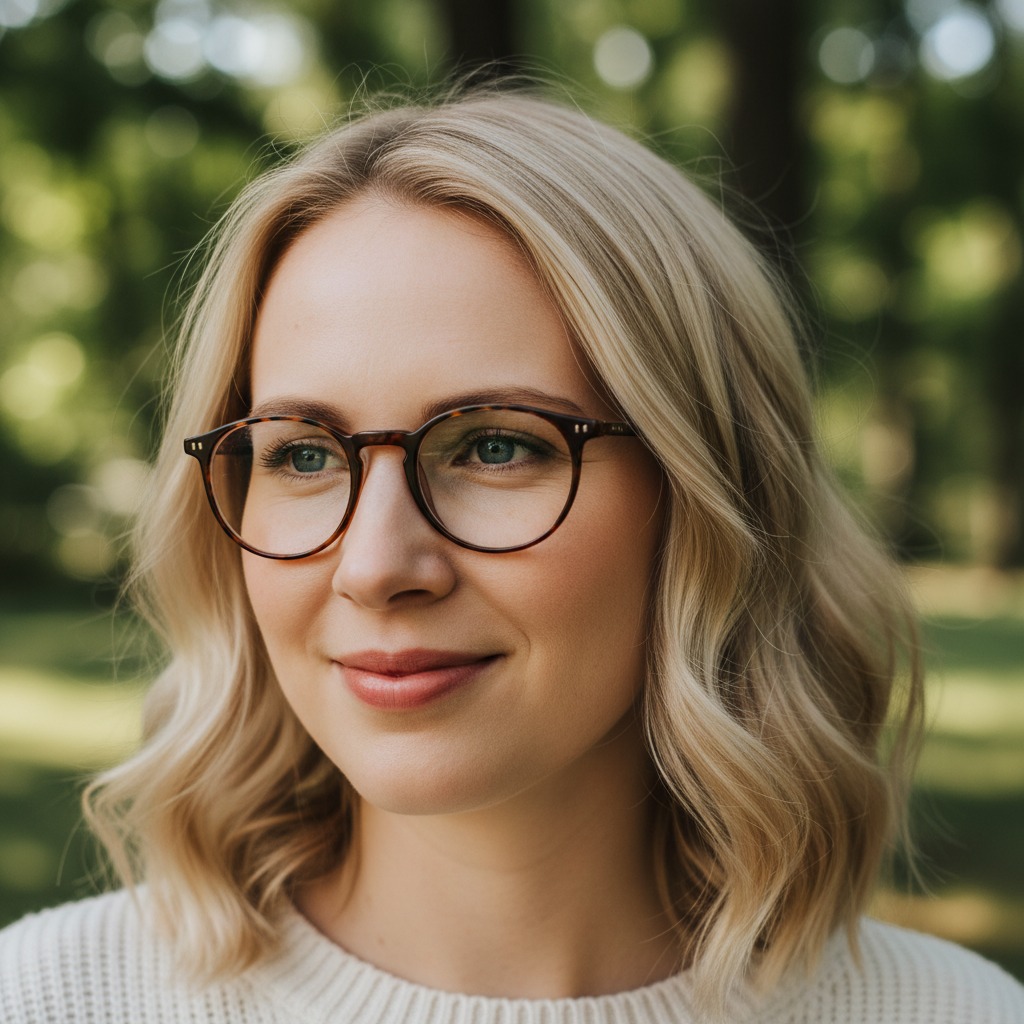 A blonde woman with wavy hair wears round tortoiseshell glasses and a white sweater against a blurred outdoor background.